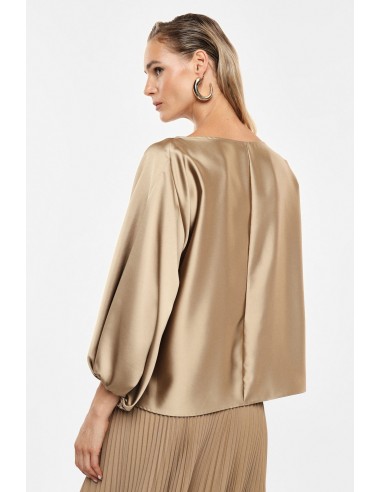 Top col bateau beige manches ballon crêpe satin – Imperial Femme