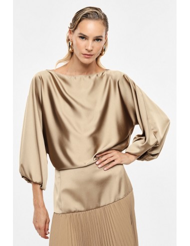 Top col bateau beige manches ballon crêpe satin – Imperial Femme