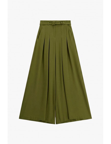 Pantalon palazzo militare taille haute ceinturé en crêpe militare – Imperial Femme