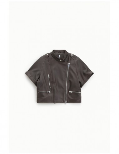 Blouson cuir Marron oversize col officier – Imperial Femme