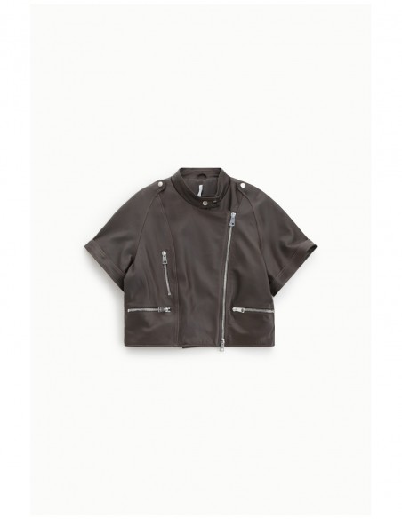 Blouson cuir Marron oversize col officier – Imperial Femme