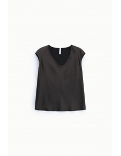 Top sans manches marron col V en crêpe satin – Imperial Femme