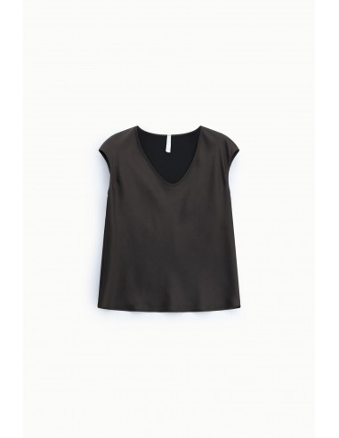 Top sans manches marron col V en crêpe satin – Imperial Femme