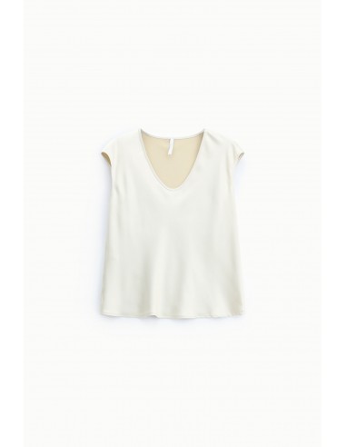Top sans manches col V en crêpe satin ecru – Imperial Femme