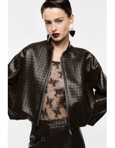 Bomber court éco-cuir marron tressé gaufré – Imperial Femme
