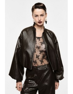 Bomber court éco-cuir marron tressé gaufré – Imperial Femme