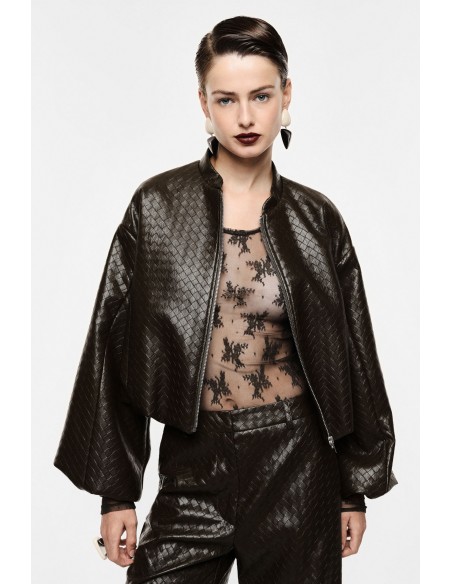 Bomber court éco-cuir marron tressé gaufré – Imperial Femme