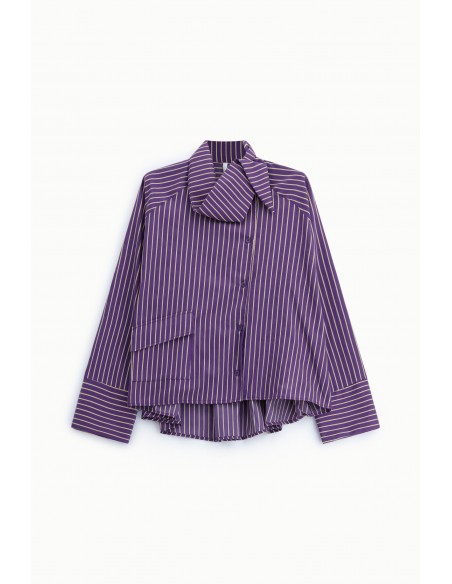 Chemise oversize col lavallière popeline violette rayée – Imperial Femme