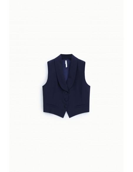 Gilet tailleur ajusté col châle en crêpe bleu marine – Imperial Femme