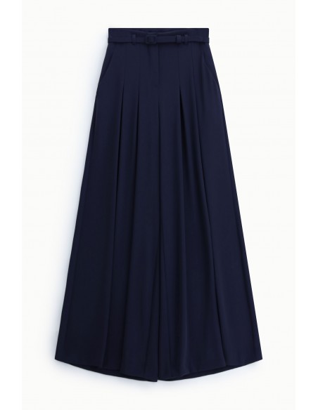 Pantalon palazzo taille haute ceinturé en crêpe coloris bleu marine – Imperial Femme