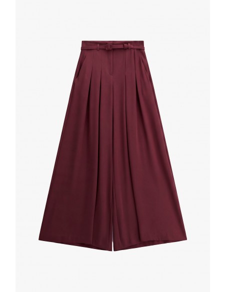 Pantalon palazzo taille haute ceinturé en crêpe bordeaux – Imperial Femme