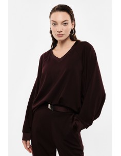 Sweat-shirt bordeaux col V manches chauve-souris poignets satin vue face – Imperial Femme