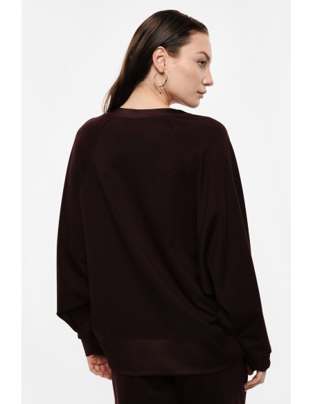 Sweat-shirt bordeaux col V manches chauve-souris poignets satin vue dos– Imperial Femme