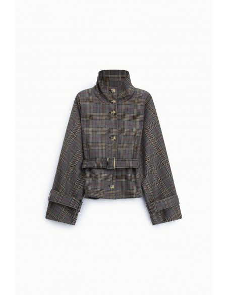 Veste courte ceinturée prince de galles col montant – Imperial Femme