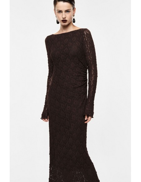 Robe longue dentelle marron manches longues Imperial.  vue 3/4