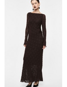 Robe longue dentelle marron manches longues Imperial.  vue face 3/4