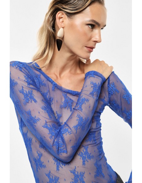 T-shirt dentelle florale manches longues bleu electrique face – Imperial Femme