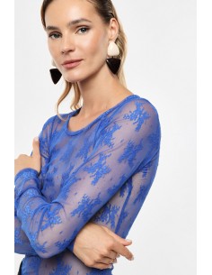T-shirt dentelle florale manches longues bleu electrique face 3/4 – Imperial Femme