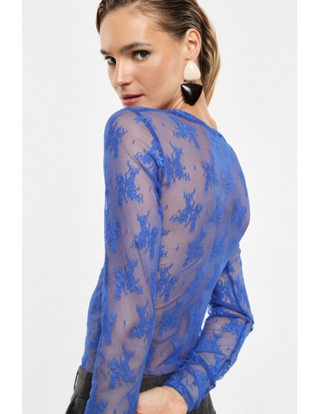 T-shirt dentelle florale manches longues bleu electrique dos – Imperial Femme