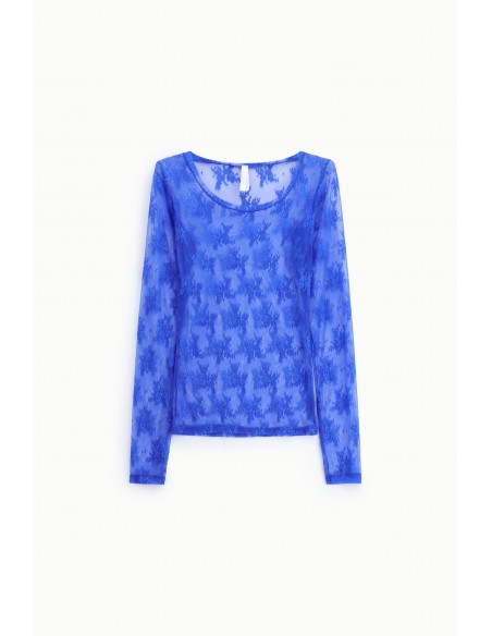 T-shirt dentelle florale manches longues bleu electrique – Imperial Femme
