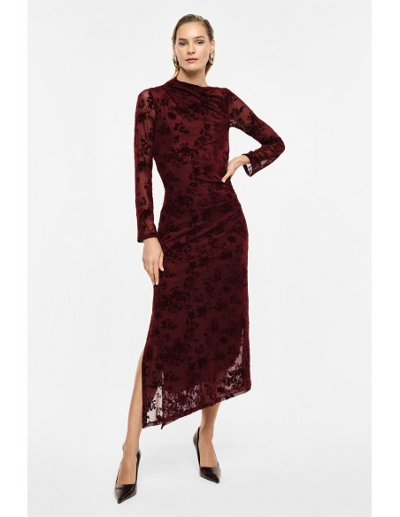 Robe longue drapee bordeaux velours devore Imperial Femme vue face