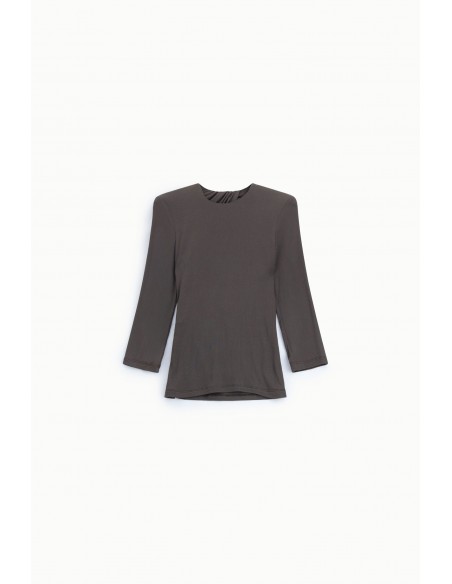 Top  marron manches trois-quarts dos ouvert drapé vue face – Imperial Femme