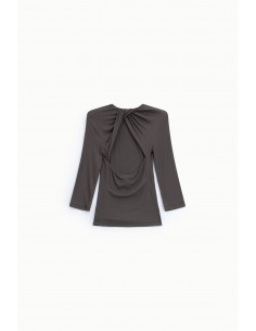 Top marron manches trois-quarts dos ouvert drapé vue dos – Imperial Femme