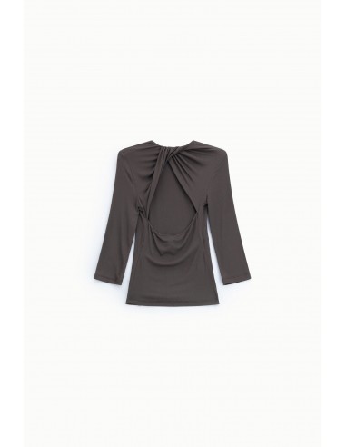 Top marron manches trois-quarts dos ouvert drapé vue dos – Imperial Femme