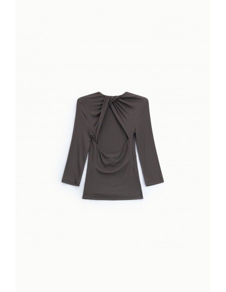 Top marron manches trois-quarts dos ouvert drapé vue dos – Imperial Femme