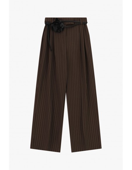 Pantalon raye jambe large marron ceinture fleur Imperial Femme