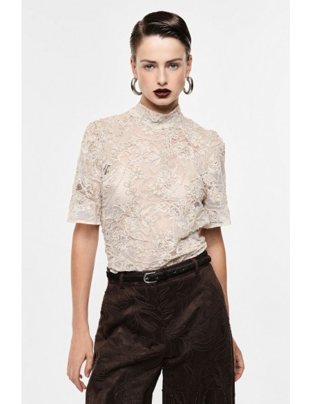 Top en dentelle rebrodée col montant – Imperial Femme