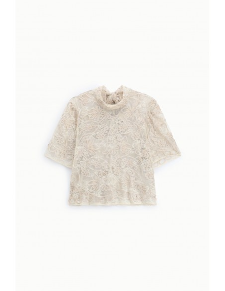 Top dentelle rebrodee ecru col montant Imperial Femme