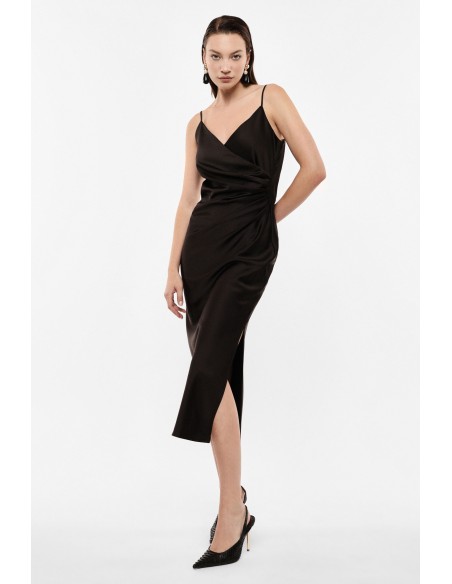 Robe de soirée fourreau drapée en crêpe satin marron – Imperial Femme vue de face