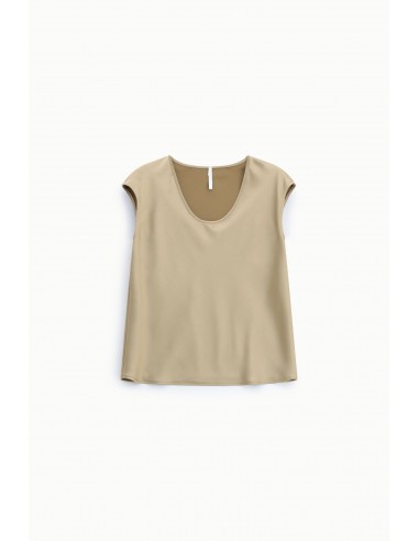 Top sans manches beige col V en crêpe satin – Imperial Femme