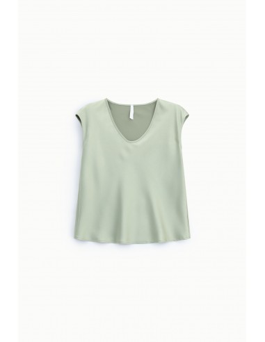 Top sans manches vert d'eau col V en crêpe satin – Imperial Femme