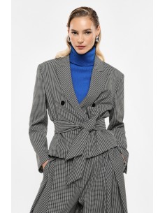 Blazer croisé ceinturé pied-de-poule noir et blanc – Imperial Femme
