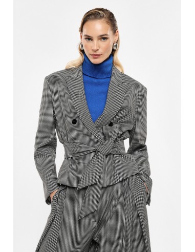 Blazer croisé ceinturé pied-de-poule noir et blanc – Imperial Femme