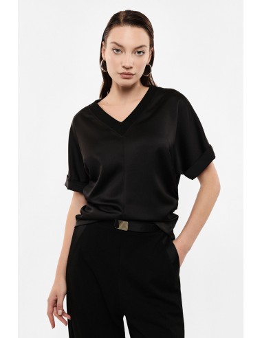 T-shirt col V manches a revers satin noir Imperial Femme - vue de face