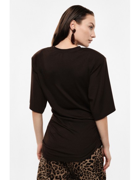T-shirt asymetrique drape lateral Imperial Femme marron vue de dos