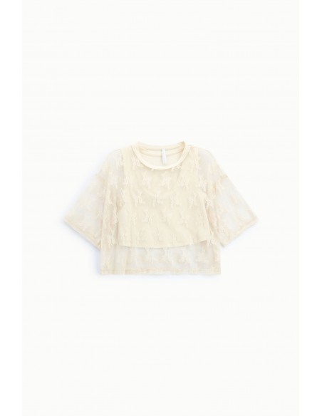 T-shirt dentelle florale ecru débardeur amovible – Imperial Femme