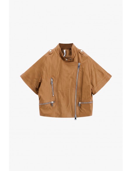Blouson en cuir camel oversize à manches courtes - Imperial femme lyon