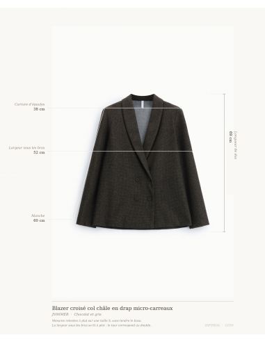 Mesures du blazer croisé col châle Imperial Femme : dos 69 cm, épaules 38 cm, largeur sous les bras 52 cm, manche 60 cm