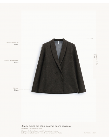 Mesures du blazer croisé col châle Imperial Femme : dos 69 cm, épaules 38 cm, largeur sous les bras 52 cm, manche 60 cm
