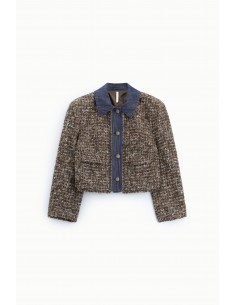 Veste courte en tweed et denim chocolat – Imperial Femme