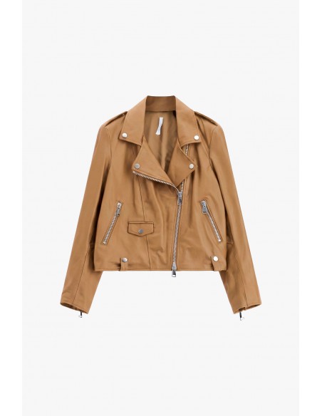 Perfecto court en cuir d'agneau camel – Imperial Femme