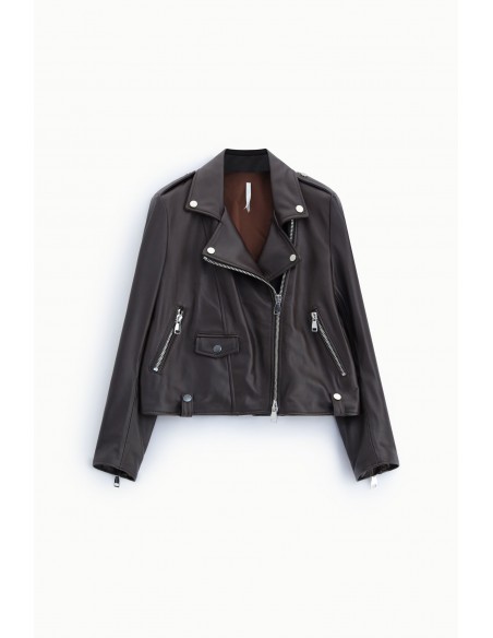 Perfecto court en cuir d'agneau marron – Imperial Femme