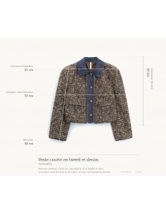 Veste courte en tweed et denim Imperial Femme, schéma des mesures à plat sur taille S