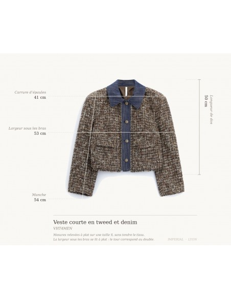 Veste courte en tweed et denim Imperial Femme, schéma des mesures à plat sur taille S