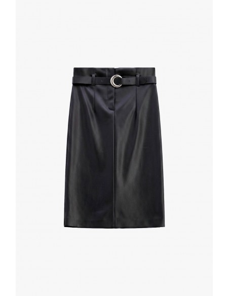 Jupe mi-longue en éco-cuir ceinturée boucle ronde – Imperial Femme