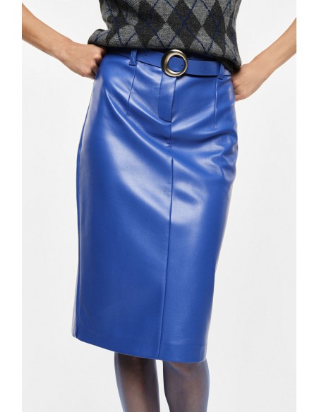 Jupe mi-longue en éco-cuir ceinturée boucle ronde – Imperial Femme